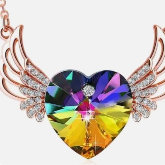 Gold Winged Heart Necklace Rainbow Colors - Picture 3 of 9